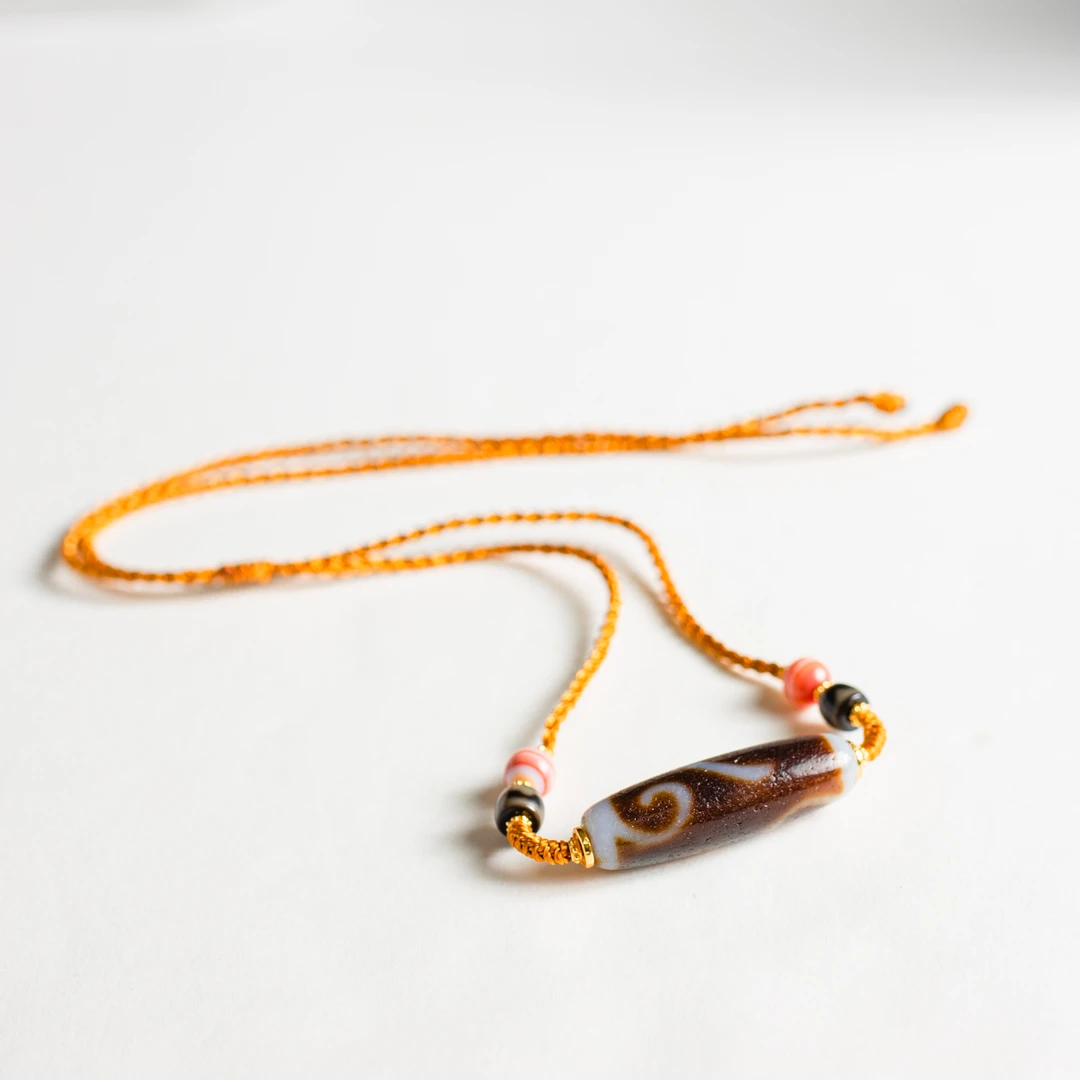 PurePeak Ruyi Agate Dzi Necklace with Silver Tibetan Accents
