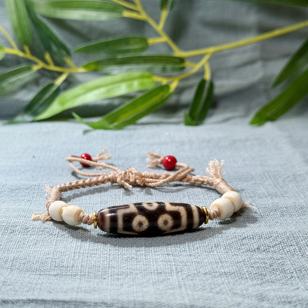 PurePeak Seven-Eye Dzi Hand Bracelet with Mammoth Cinnabar 925 Silver