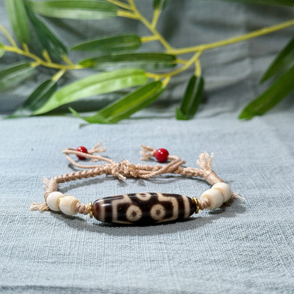 ZenWuxiang Seven-Eye Dzi Hand Bracelet with Mammoth Cinnabar 925 Silver