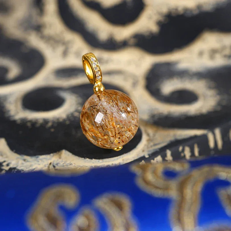 ZenWuxiang Natural Black Gold Rutilated Quartz Pendant (12-13mm)