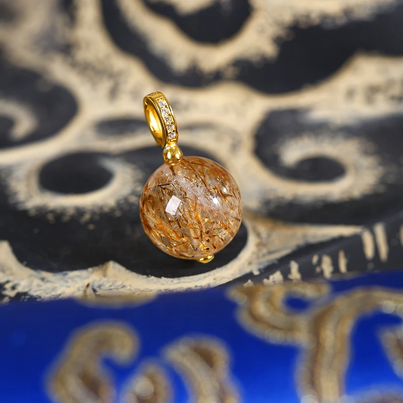 PurePeak Natural Black Gold Rutilated Quartz Pendant (12-13mm)