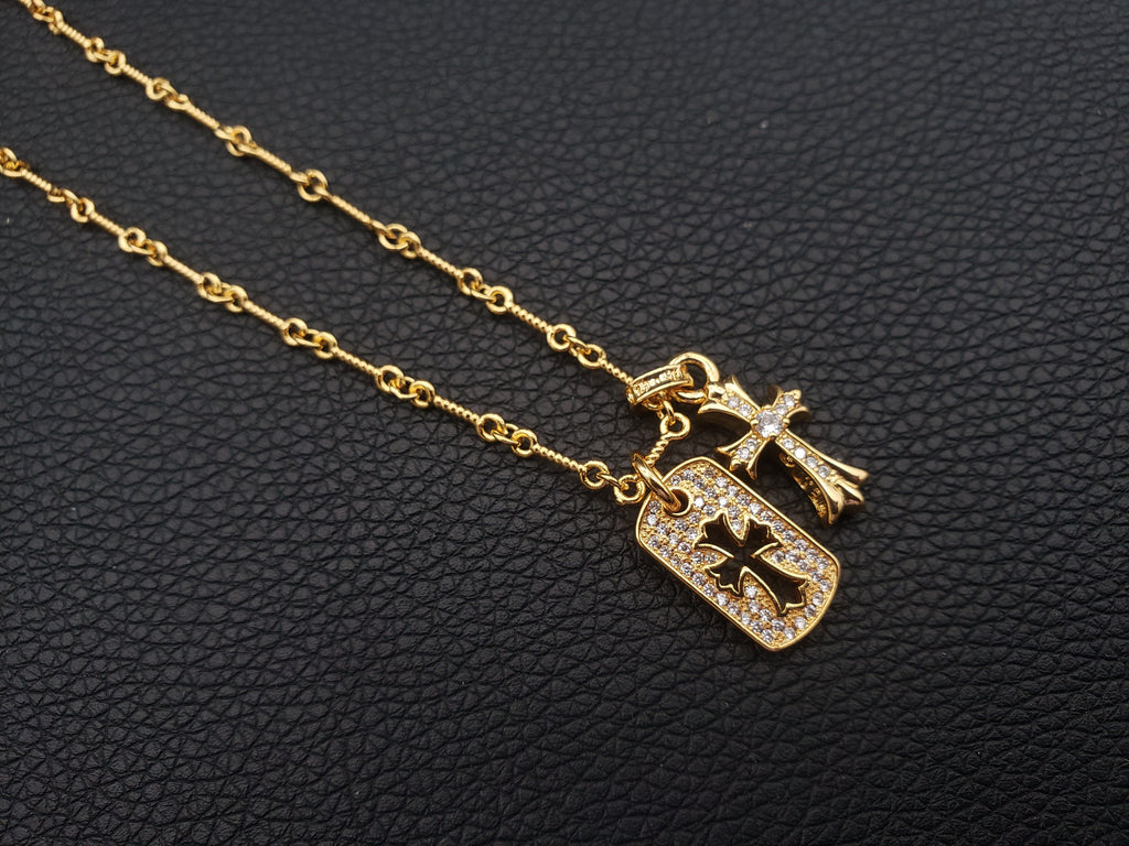 Chrome Double Cross Gold Full Diamond Retro Necklace