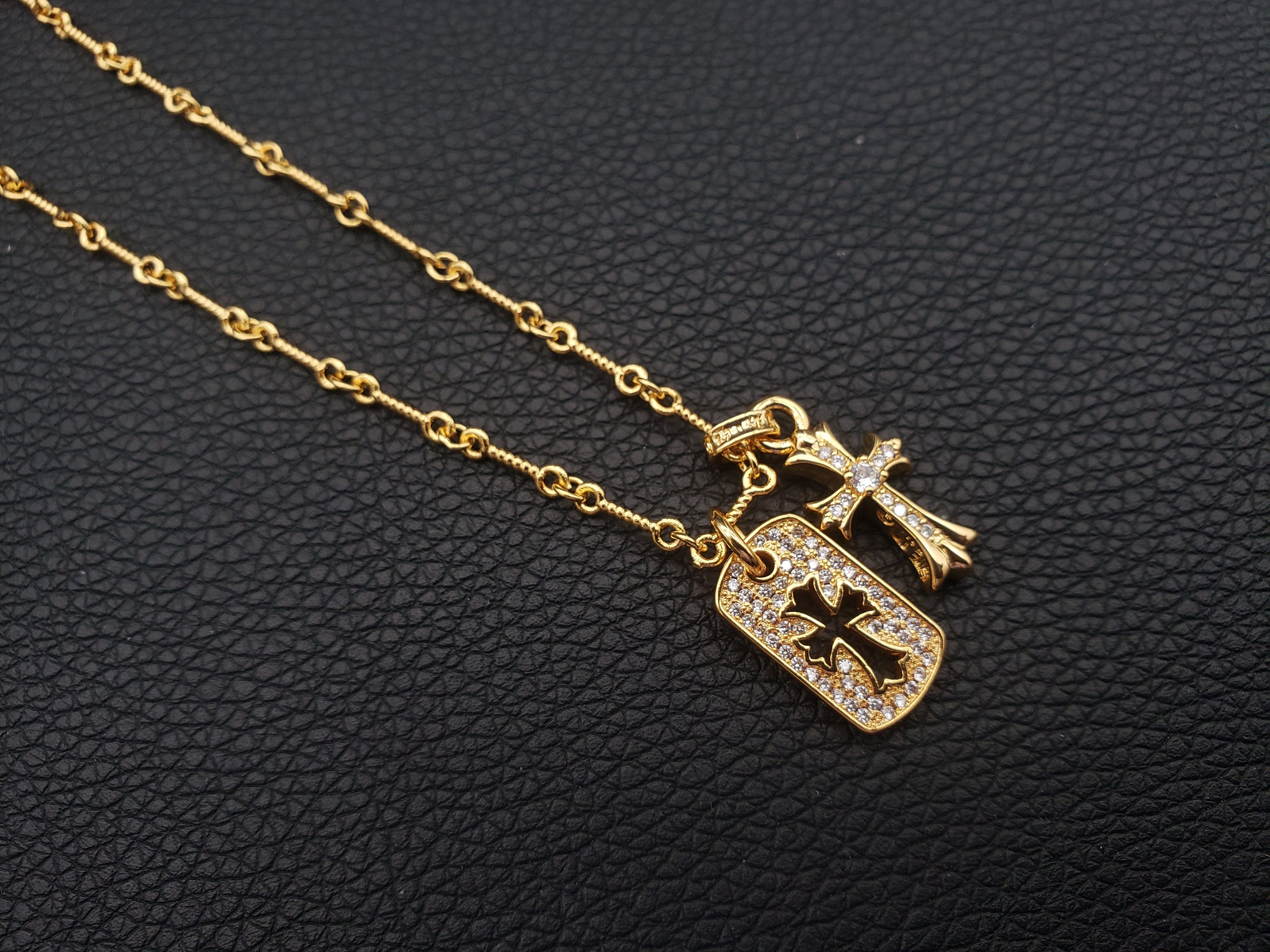 Chrome Double Cross Gold Full Diamond Retro Necklace