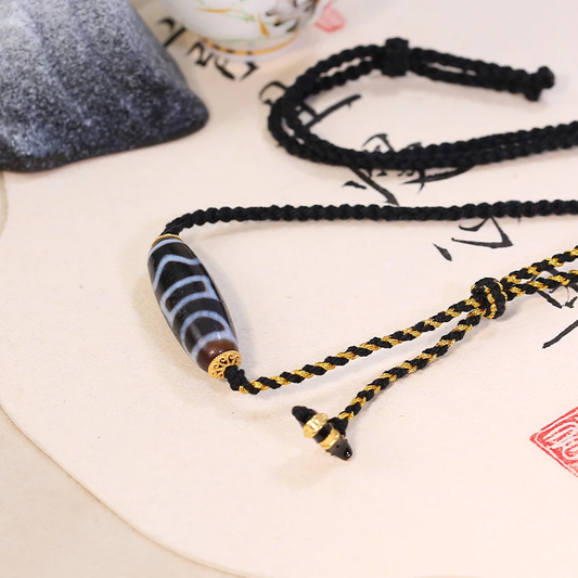 Four Activities Motif Black Gold Dzi Bead Necklace | Himalayan Cultural Jewelry – PurePeak