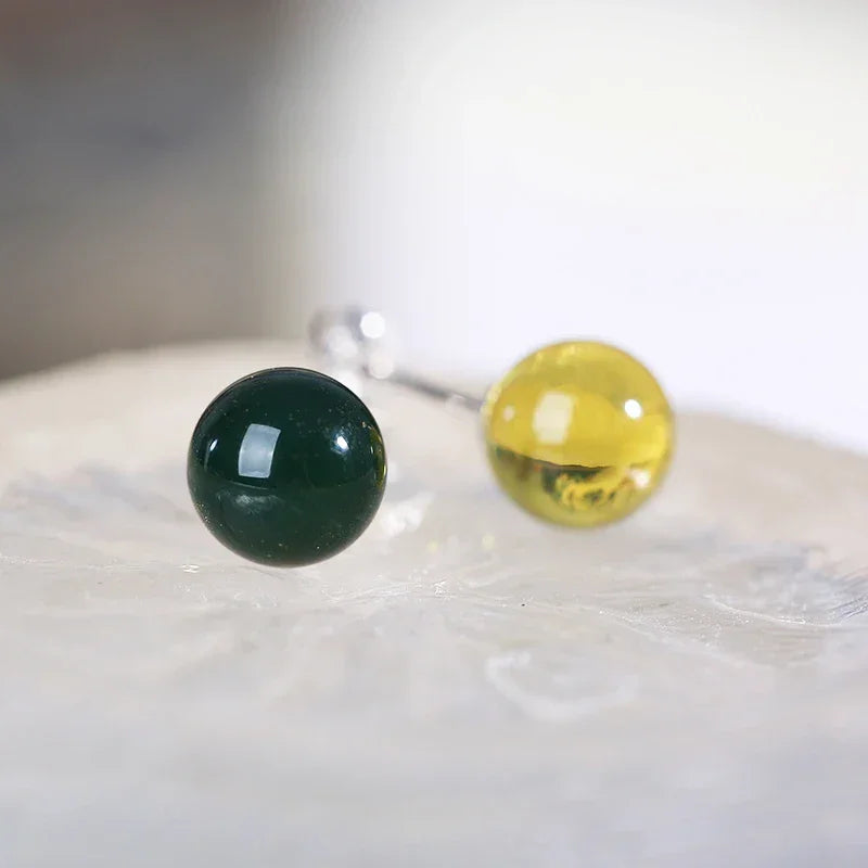 ZenWuxiang Natural Blue Amber Stud Earrings (8mm)