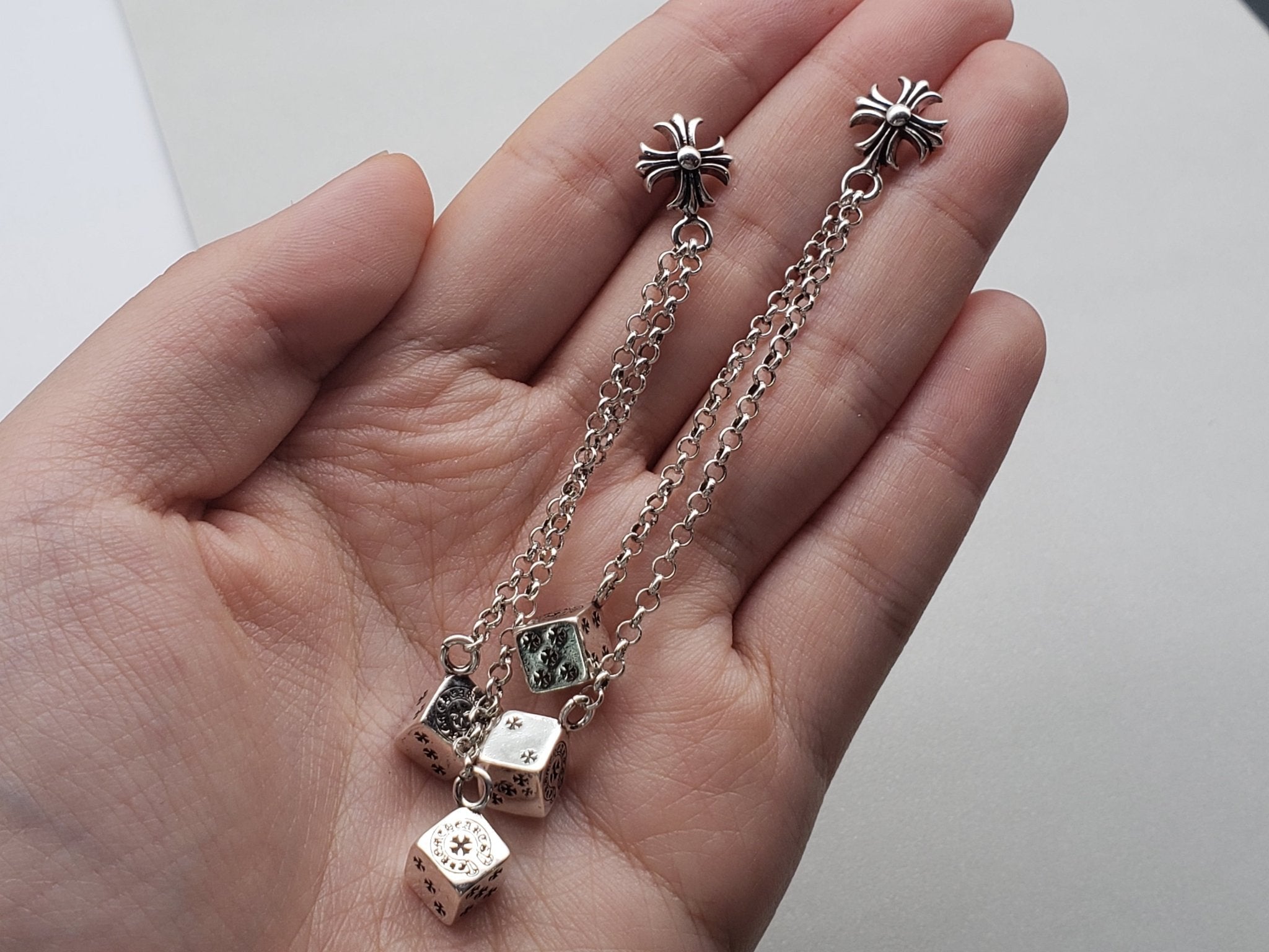 Chrome Design Long Dice Pendant Earrings