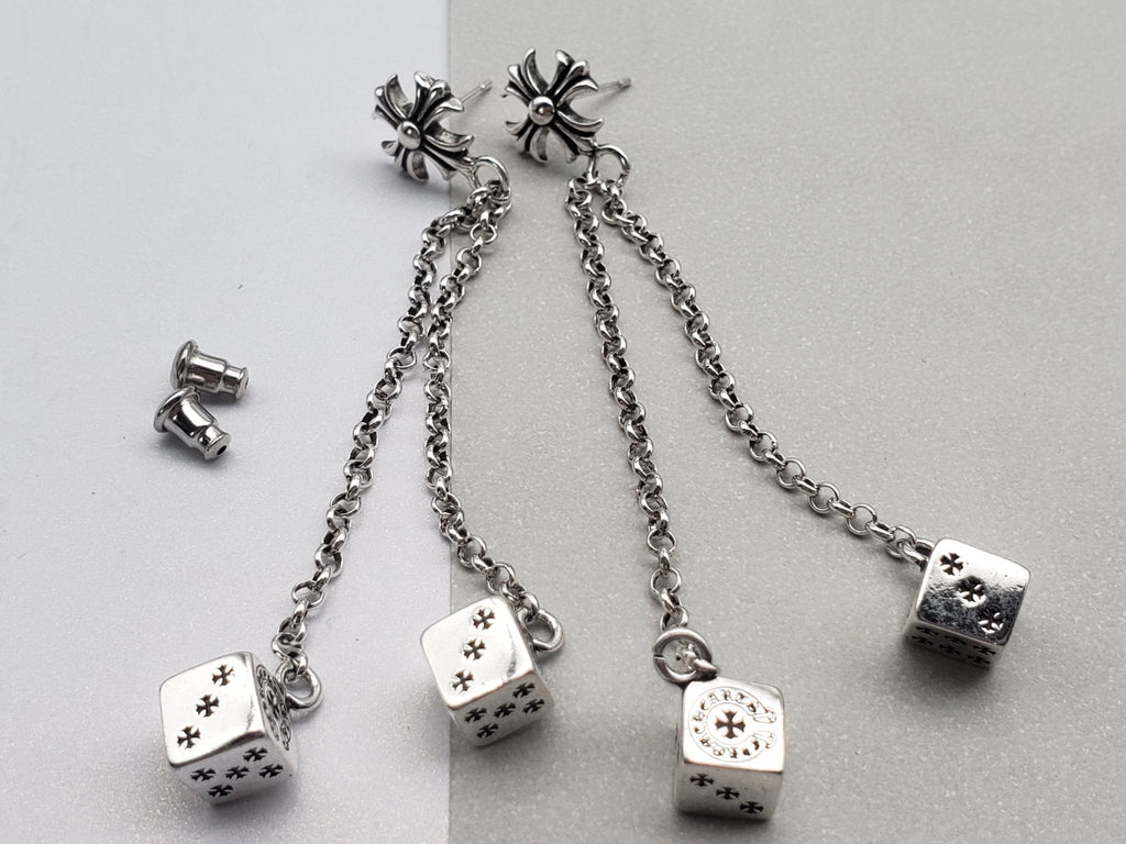 Chrome Design Long Dice Pendant Earrings