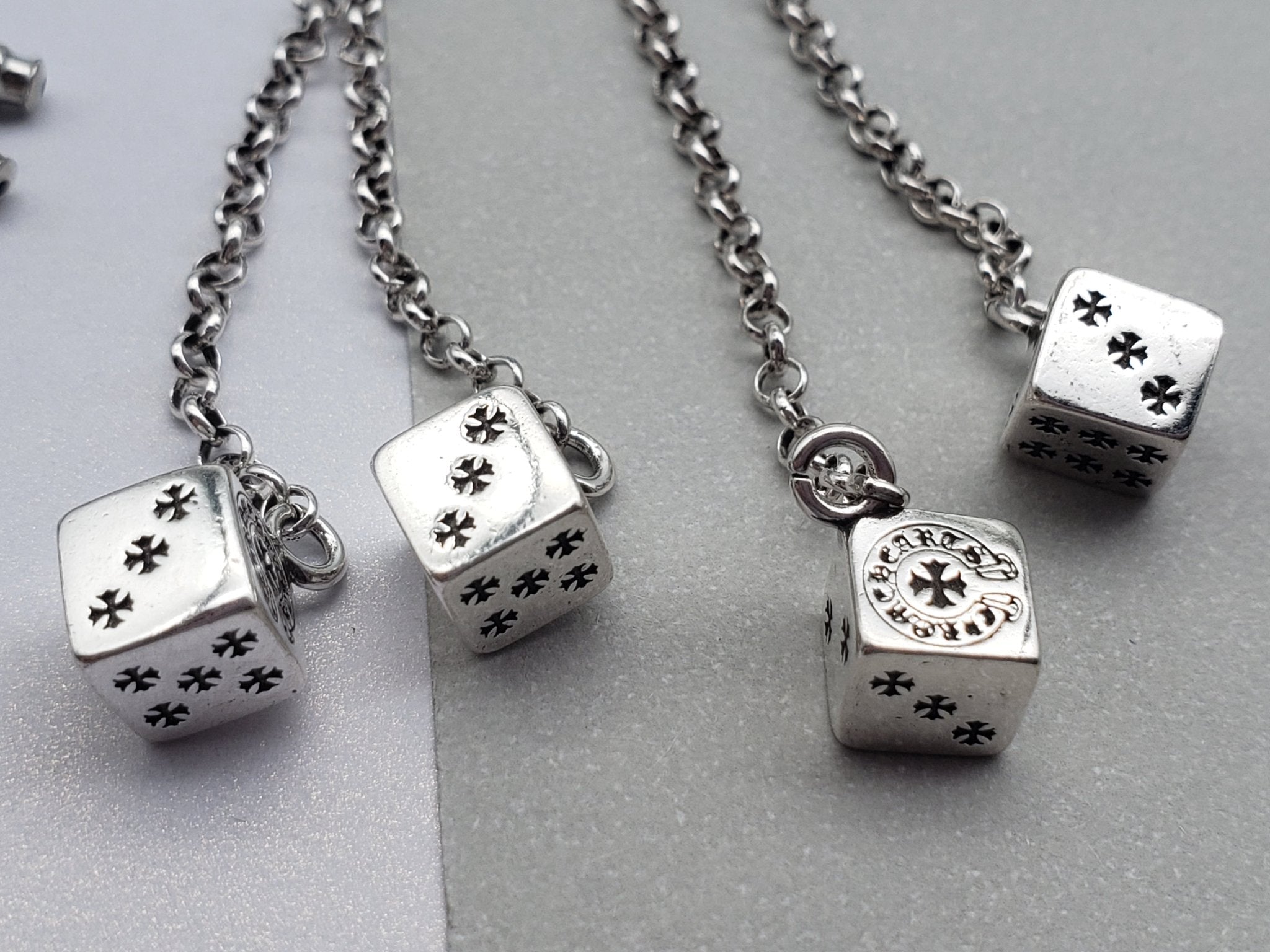 Chrome Design Long Dice Pendant Earrings