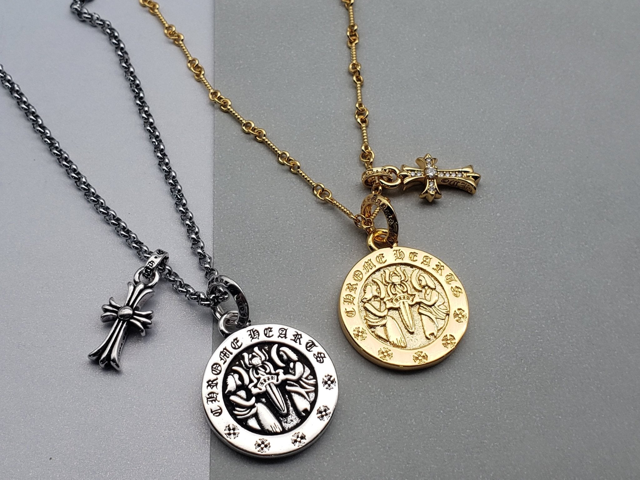 Chrome Style Angel Skull Necklace Gold/Silver with Small Cross