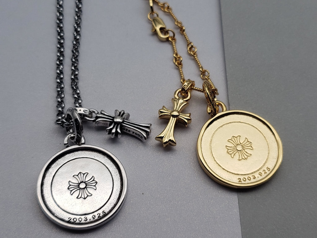 Chrome Style Angel Skull Necklace Gold/Silver with Small Cross