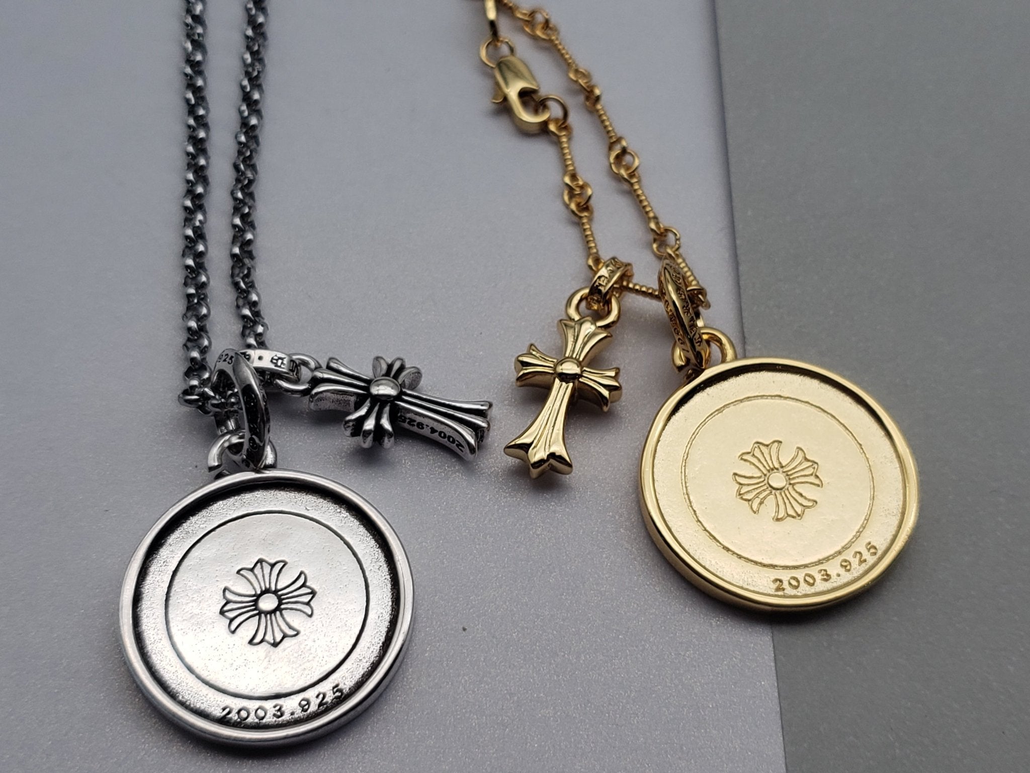 Chrome Style Angel Skull Necklace Gold/Silver with Small Cross