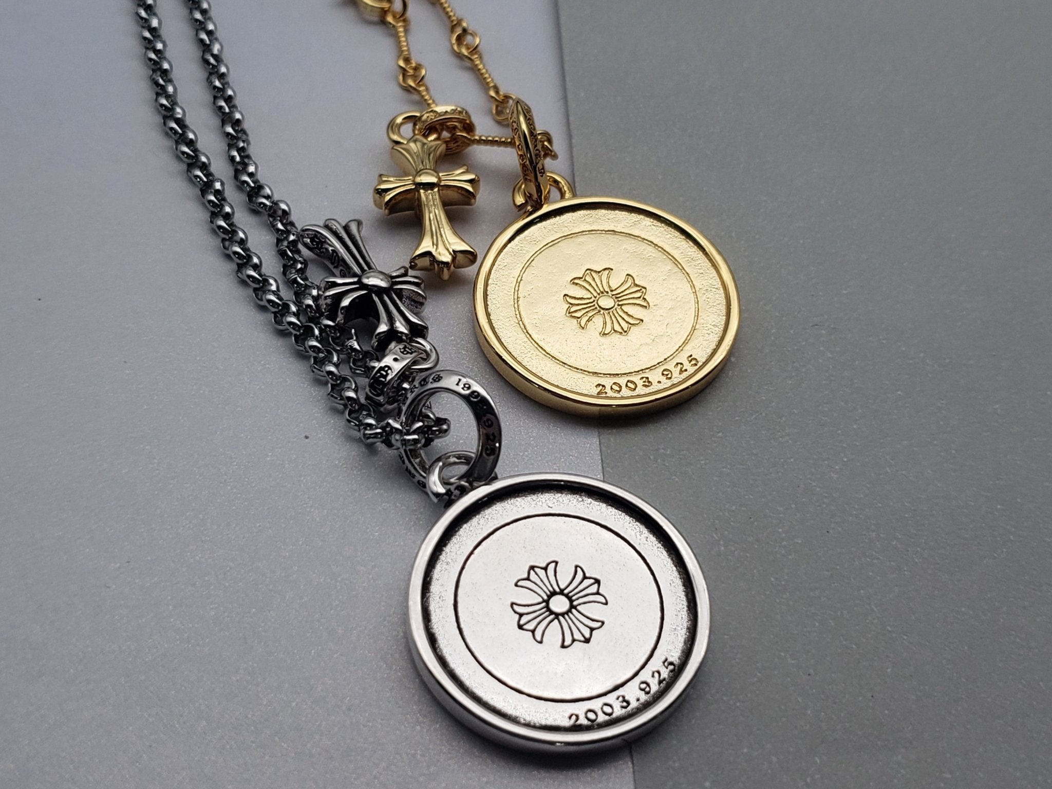 Chrome Style Angel Skull Necklace Gold/Silver with Small Cross