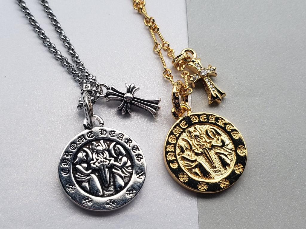 Chrome Style Angel Skull Necklace Gold/Silver with Small Cross