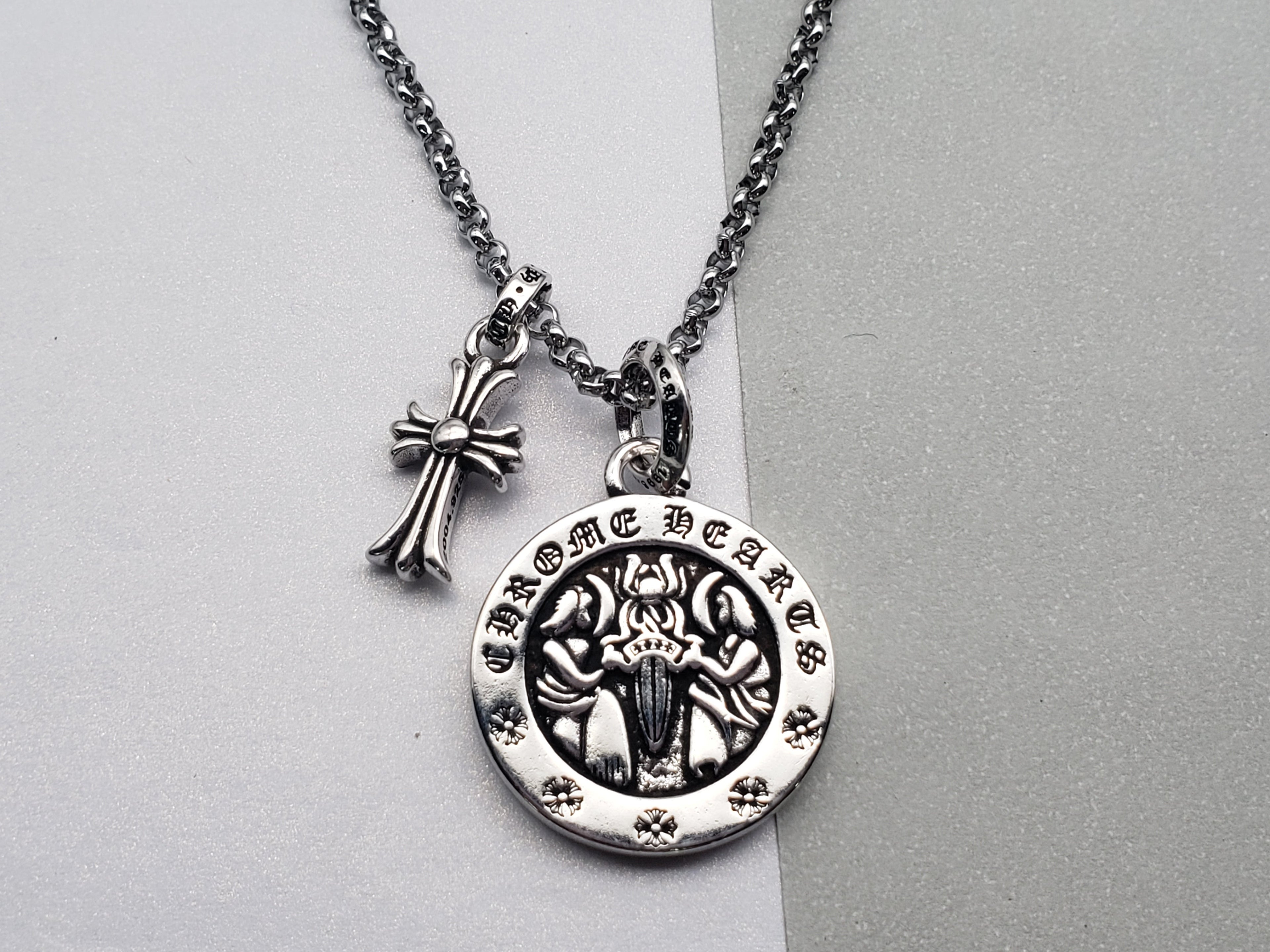 Chrome Style Angel Skull Necklace Gold/Silver with Small Cross