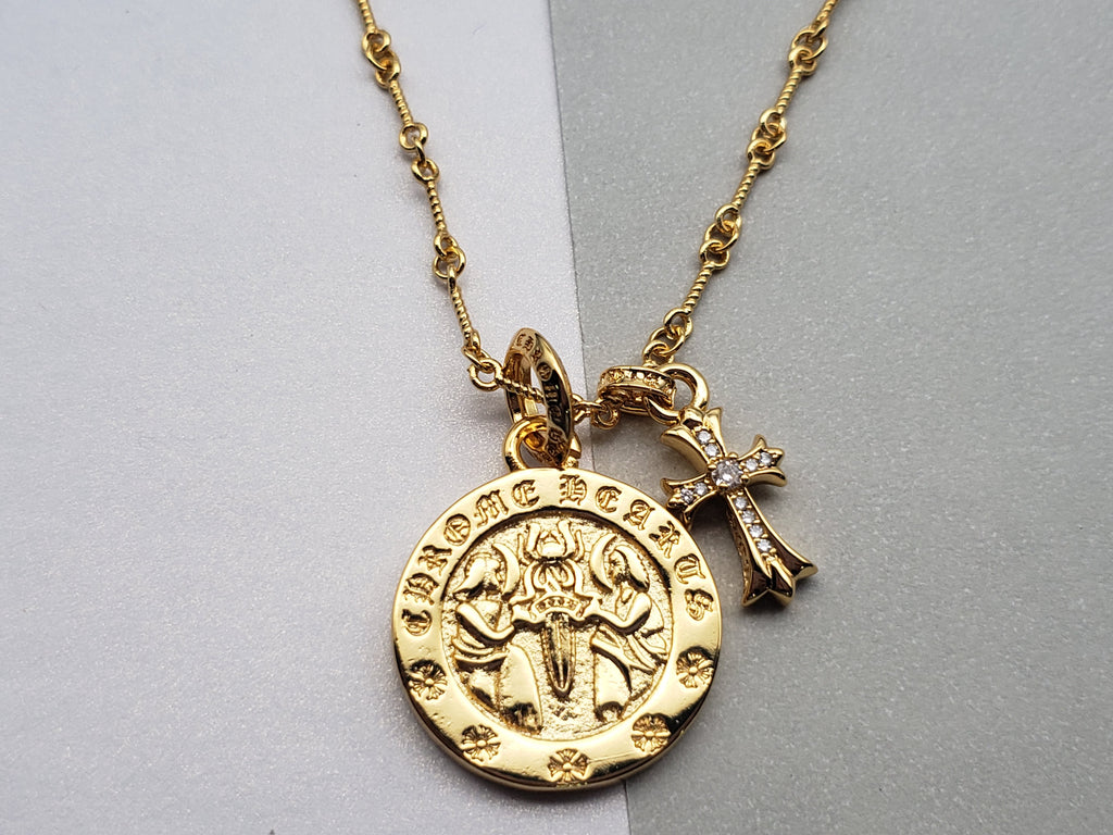 Chrome Style Angel Skull Necklace Gold/Silver with Small Cross