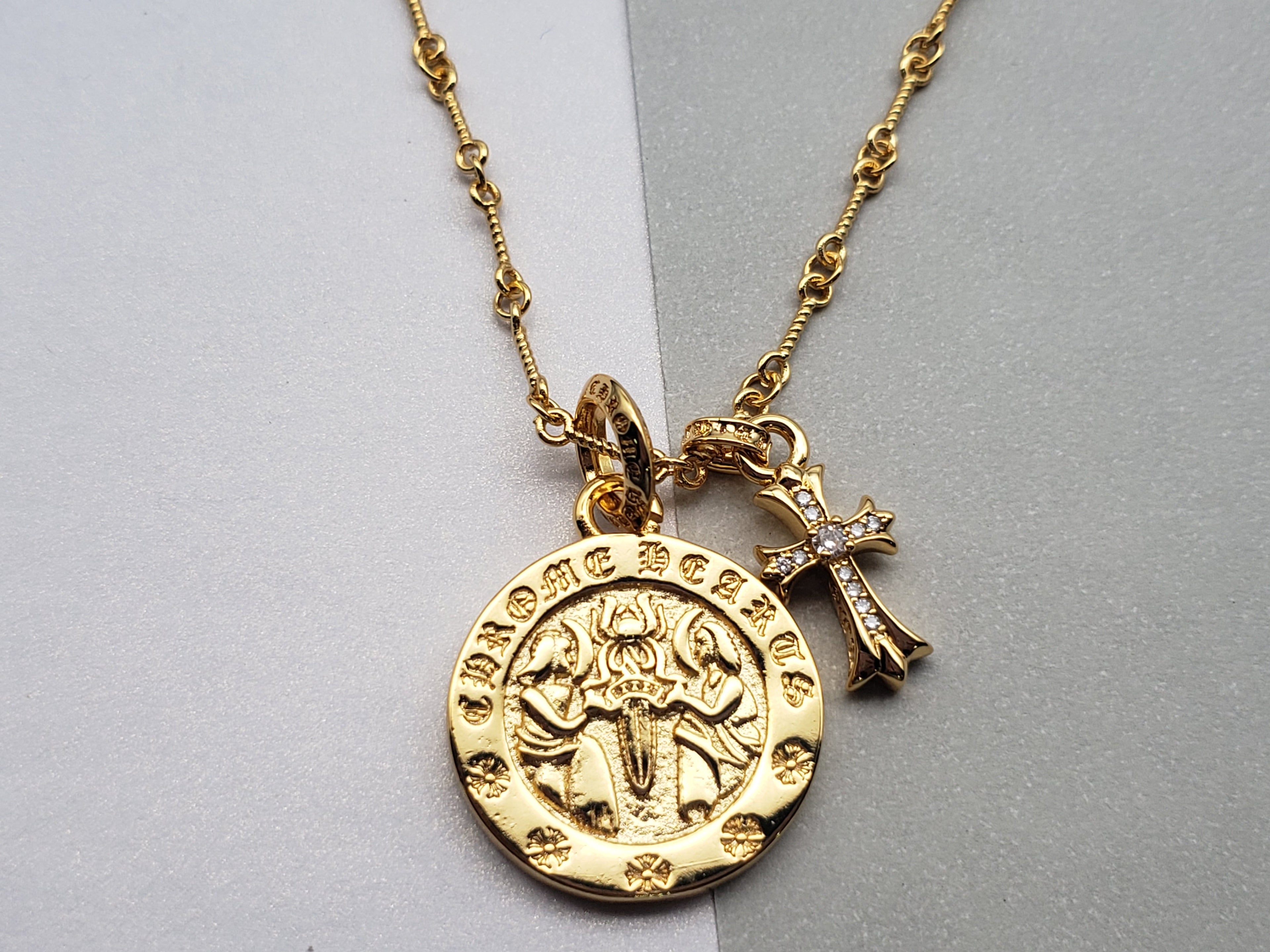 Chrome Style Angel Skull Necklace Gold/Silver with Small Cross