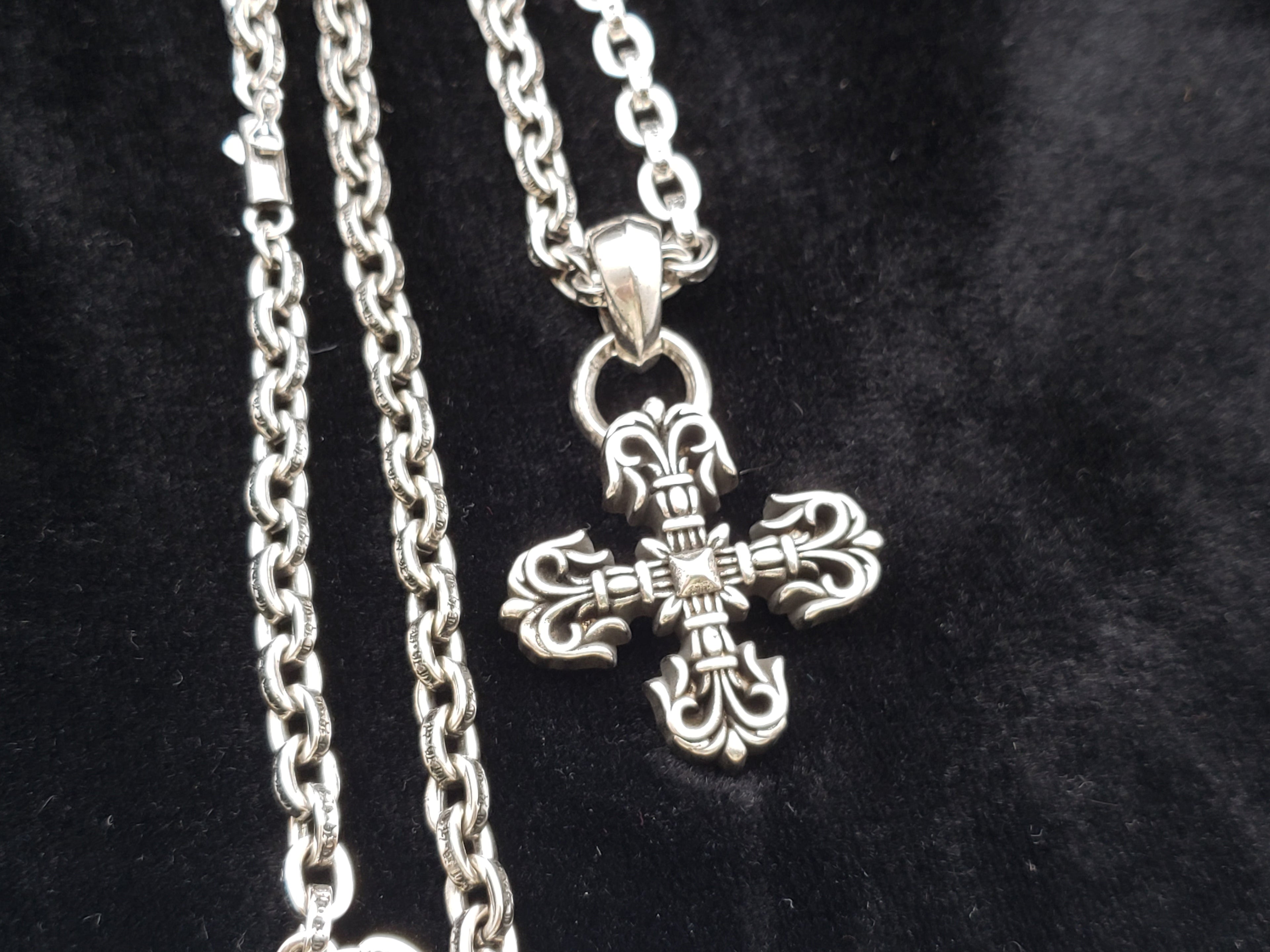 Chrome Design Flame Cross Necklace