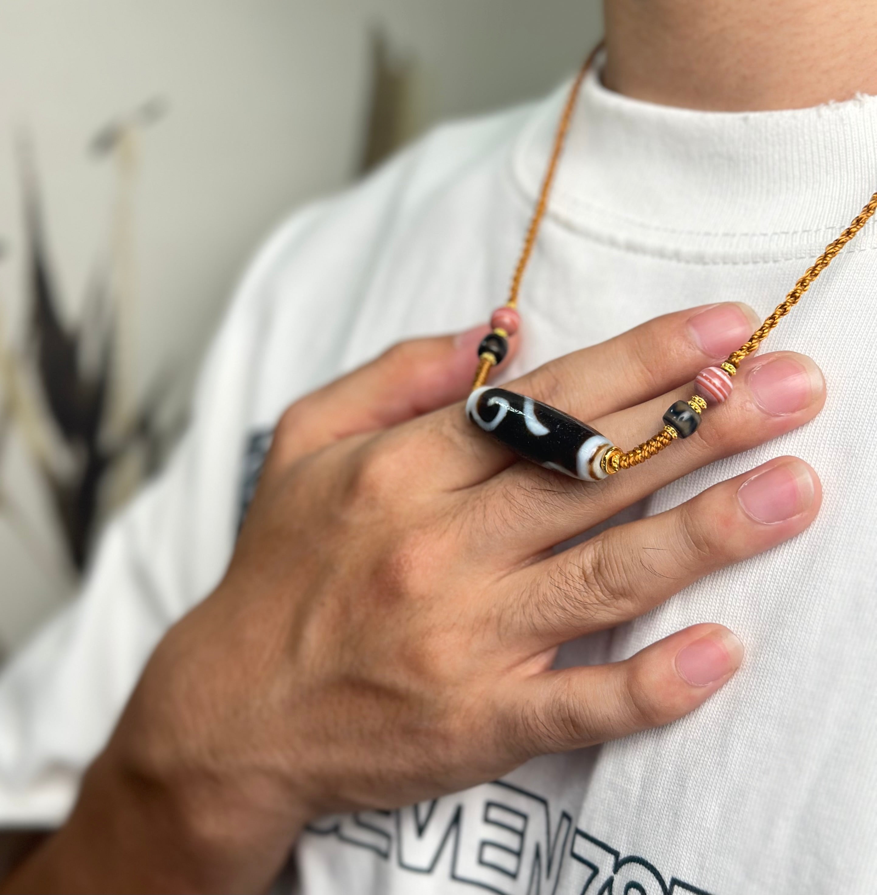 PurePeak Ruyi Agate Dzi Necklace with Silver Tibetan Accents