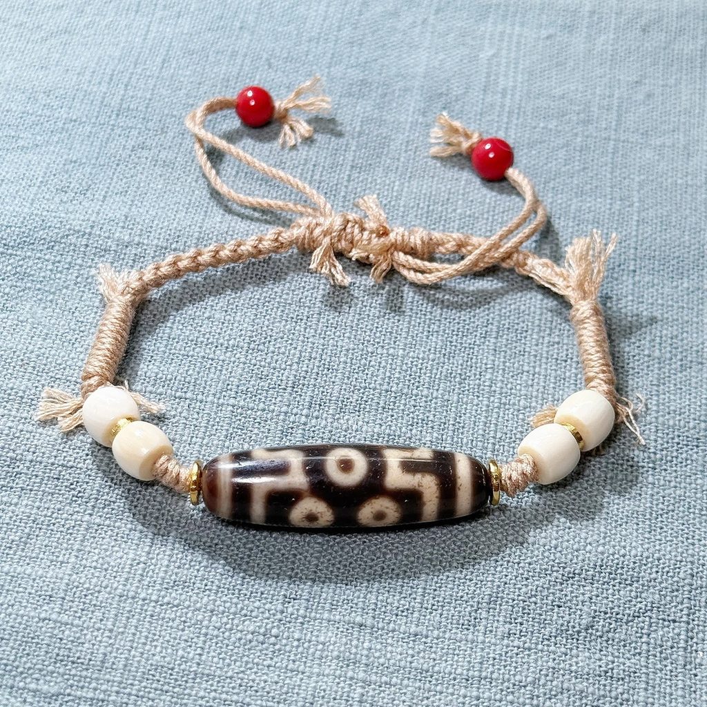 PurePeak Seven-Eye Dzi Hand Bracelet with Mammoth Cinnabar 925 Silver