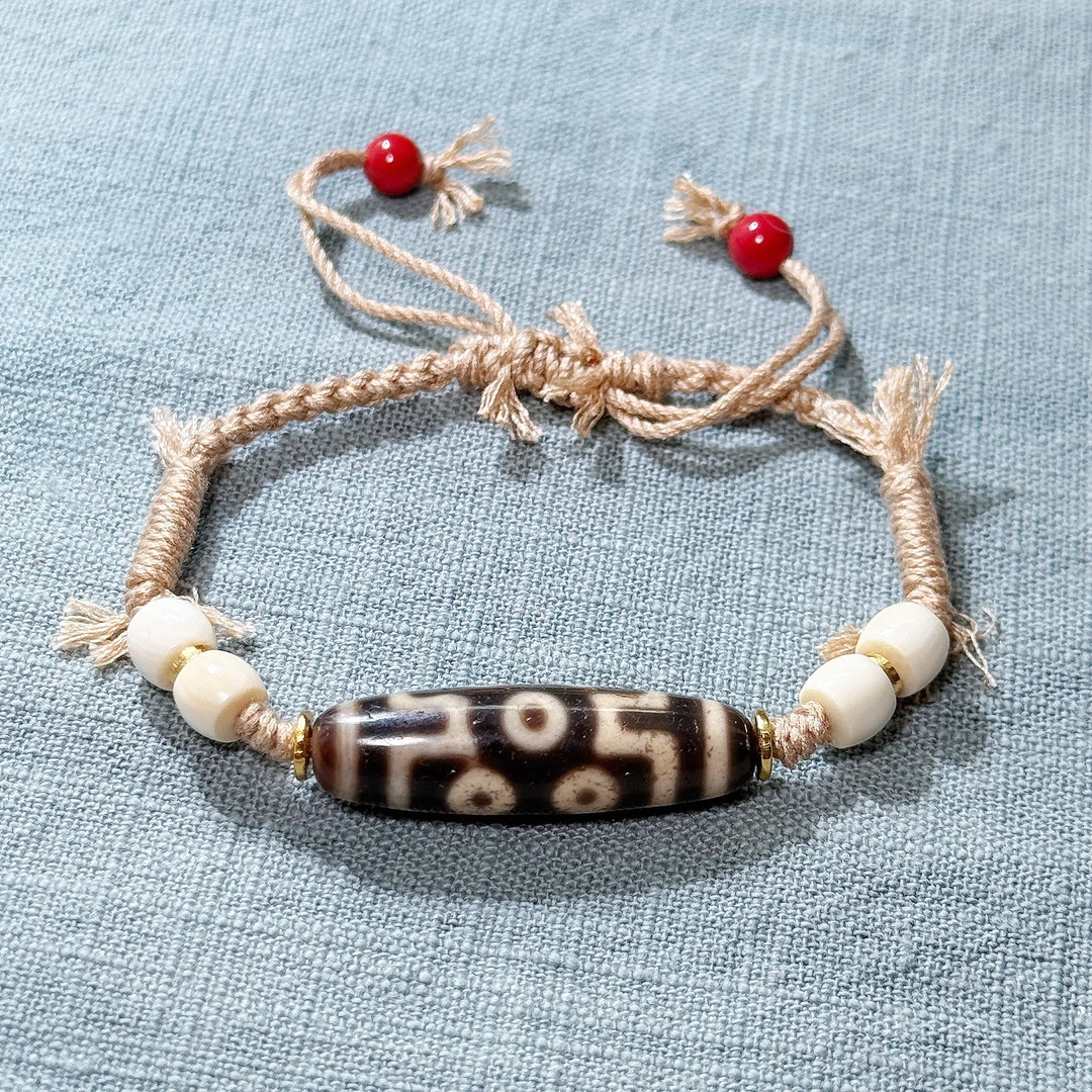 PurePeak Seven-Eye Dzi Hand Bracelet with Mammoth Cinnabar 925 Silver