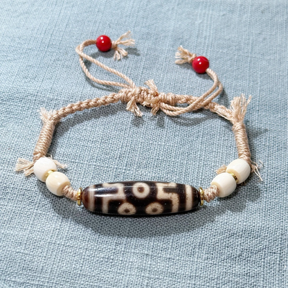 ZenWuxiang Seven-Eye Dzi Hand Bracelet with Mammoth Cinnabar 925 Silver