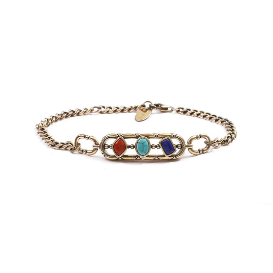 Zenwuxiang Tibetan Mani Stone Bracelet, Vintage Brass Chain Link Bracelet with Natural Turquoise, Lapis Lazuli & Red Jasper, Ethnic Boho Tibetan Protection Jewelry