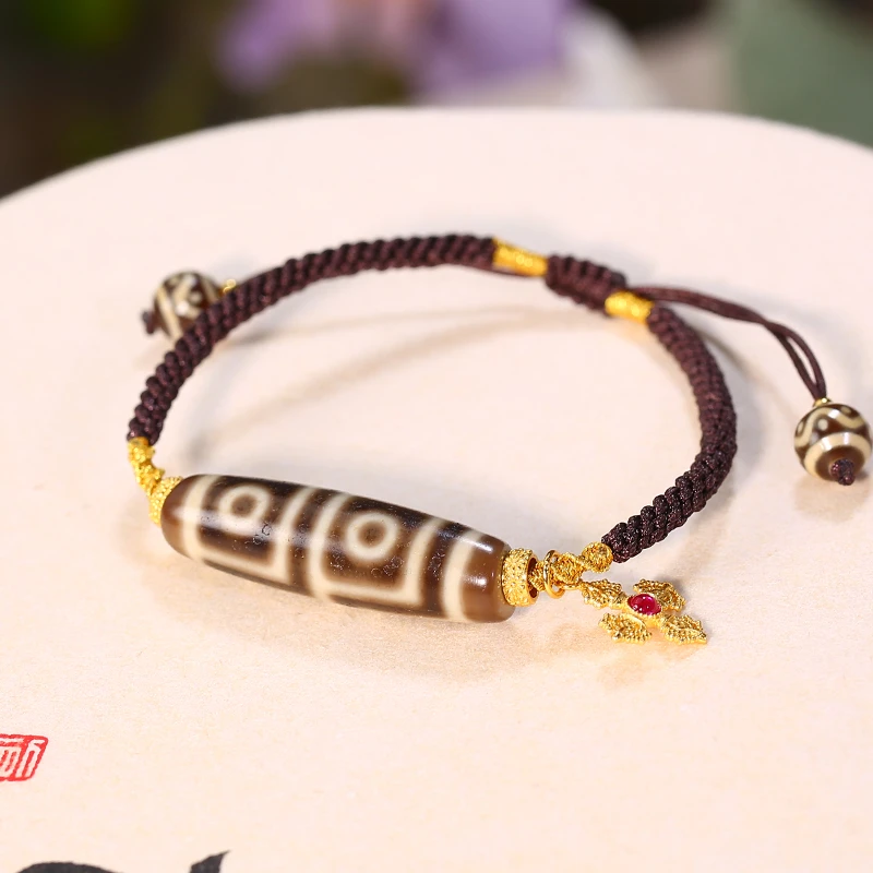 PurePeak Four-Eye Dzi Bracelet with Wave Pattern Beads (40mm)