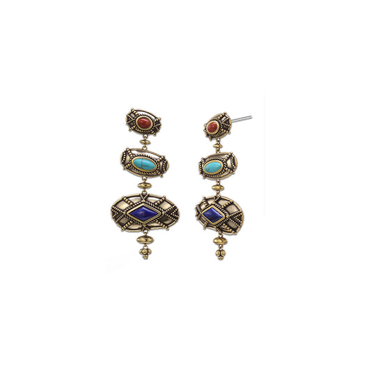 Zenwuxiang Tibetan Mani Stone Long Hoop Earrings for Women, Vintage Brass with Natural Turquoise, Lapis Lazuli & Red Jasper, Ethnic Boho Tibetan Style Jewelry