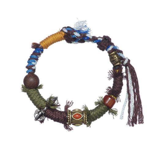 Zenwuxiang Mani Stone Bracelet, Handcrafted Tibetan Boho Charm Bracelet with Natural Beads, Brass Accents & Colorful Knots