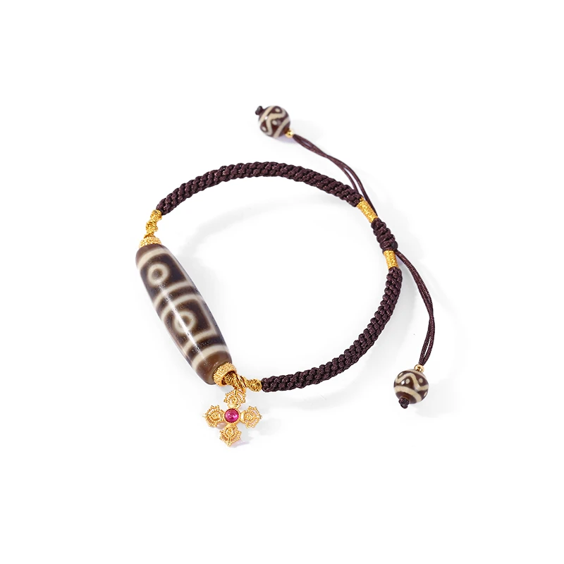 PurePeak Four-Eye Dzi Bracelet with Wave Pattern Beads (40mm)