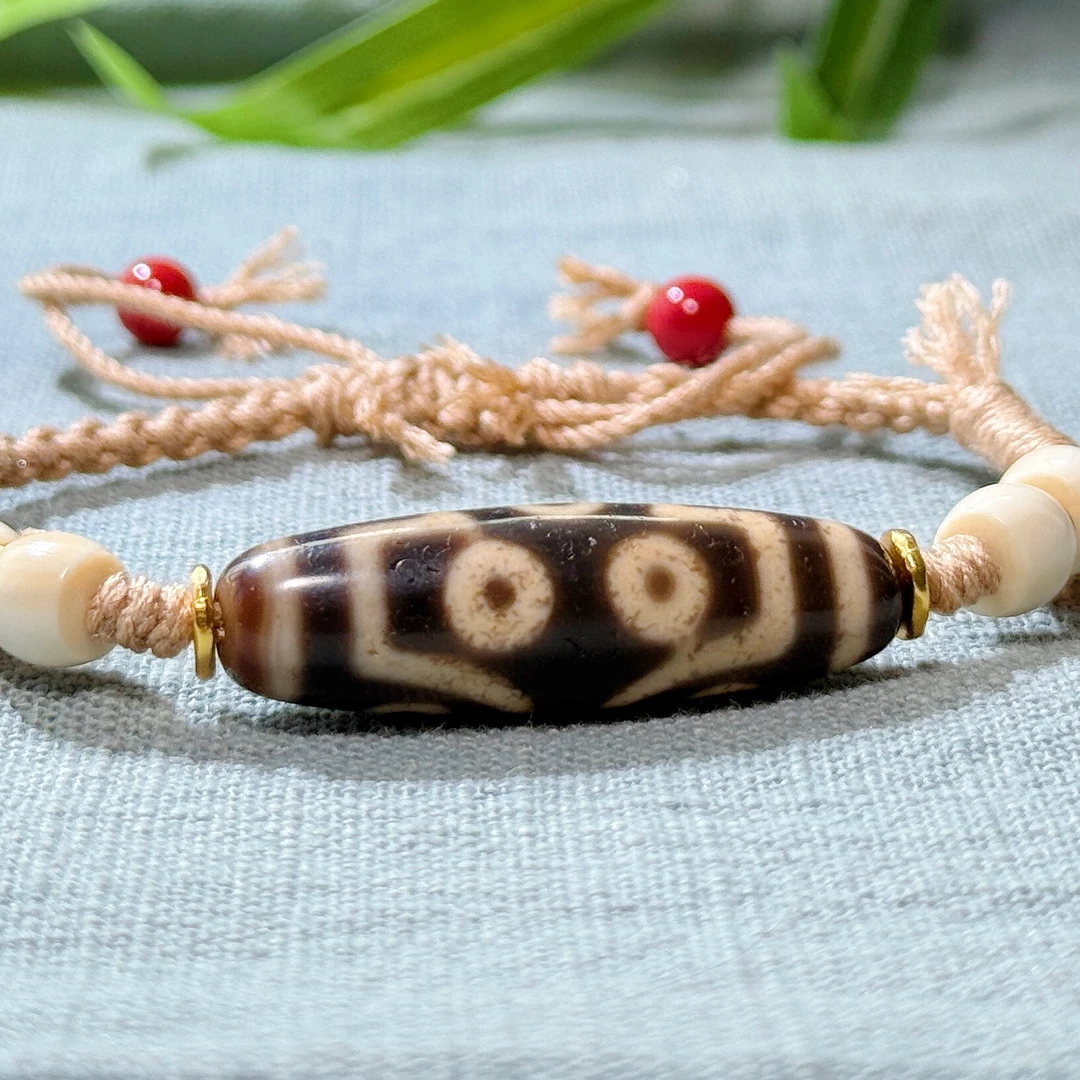 PurePeak Seven-Eye Dzi Hand Bracelet with Mammoth Cinnabar 925 Silver