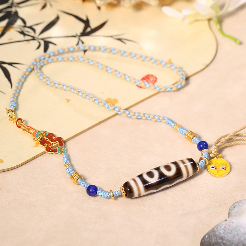 PurePeak Five-Eye Dzi Necklace with Lapis Lazuli Gemstones (38.5mm)