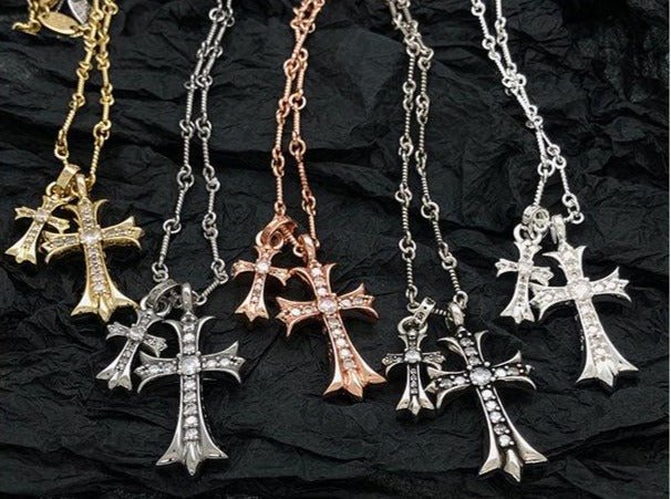 Chrome Couple Necklace with Diamond Cross Pendant