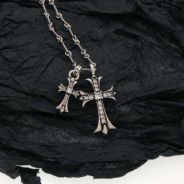 Chrome Couple Necklace with Diamond Cross Pendant