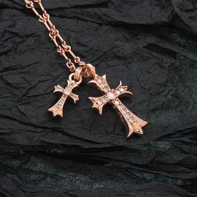 Chrome Couple Necklace with Diamond Cross Pendant