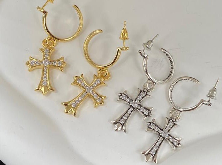 Chrome Design New Cross Diamond Stud Earrings in Gold and Silver