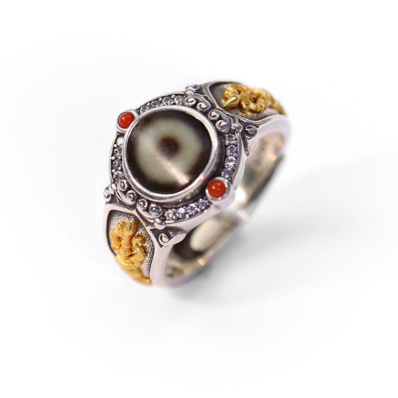 PurePeak Single-Eye Agate Nanhong 925 Silver Adjustable Ring