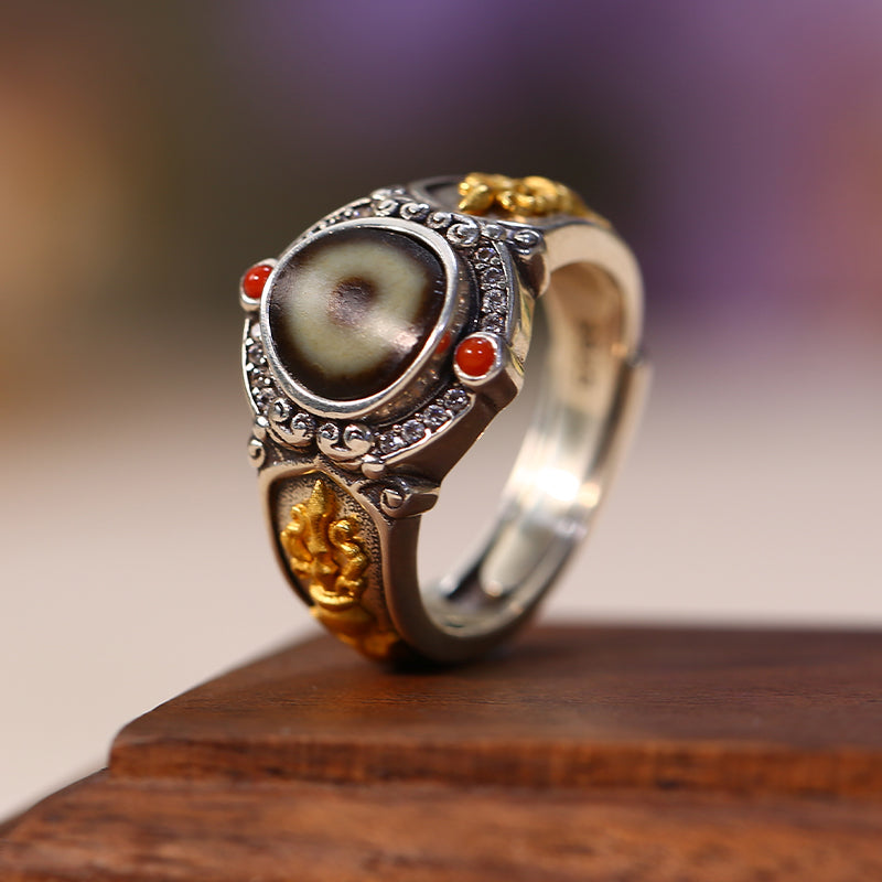 PurePeak Single-Eye Agate Nanhong 925 Silver Adjustable Ring