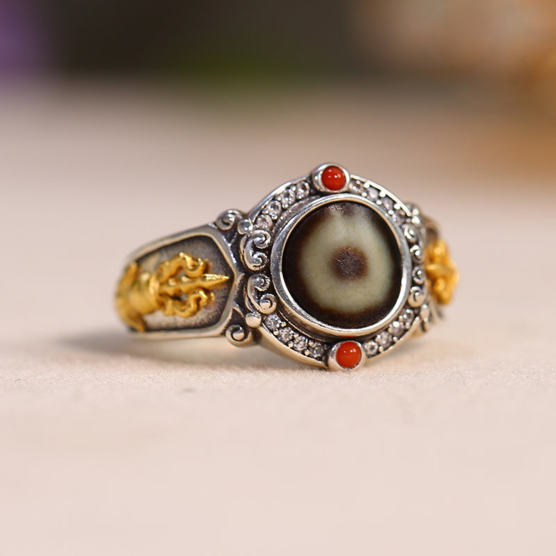PurePeak Single-Eye Agate Nanhong 925 Silver Adjustable Ring