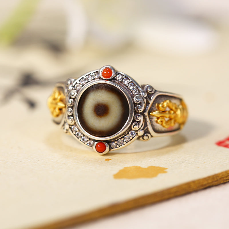 PurePeak Single-Eye Agate Nanhong 925 Silver Adjustable Ring