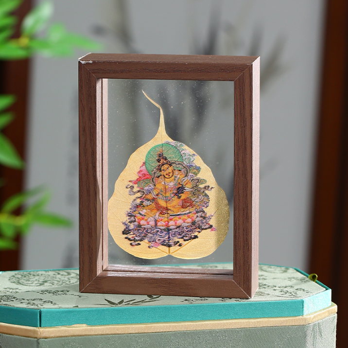 PurePeak Tibetan Yellow Jambhala Bodhi Leaf Framed Prosperity Art