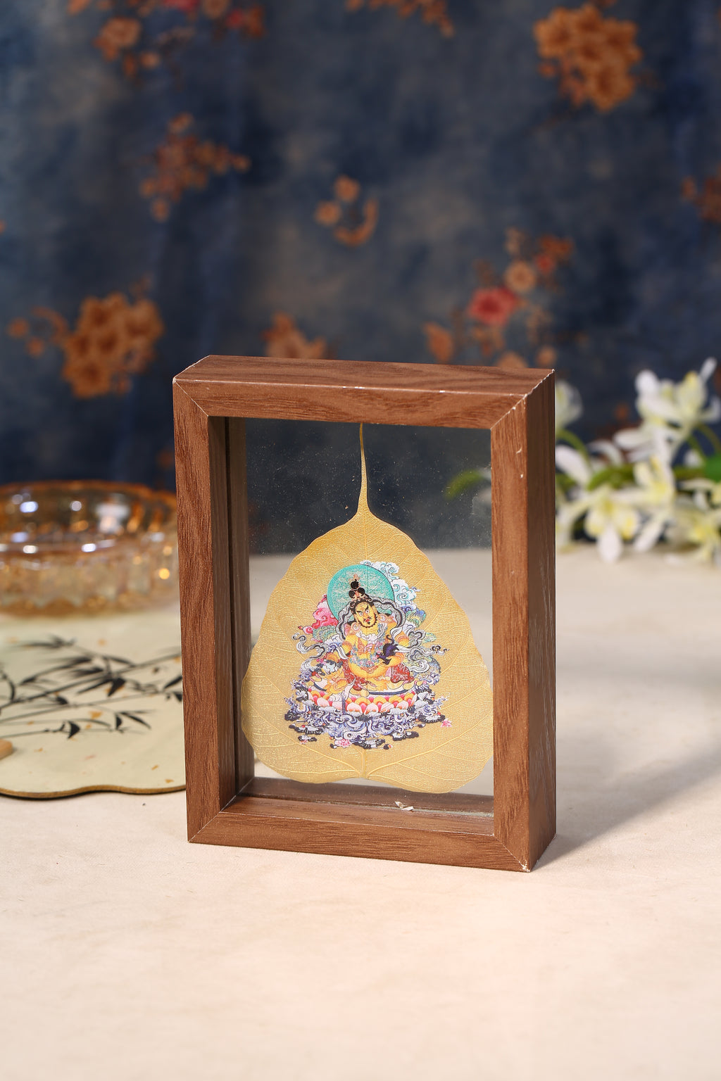 PurePeak Tibetan Yellow Jambhala Bodhi Leaf Framed Prosperity Art