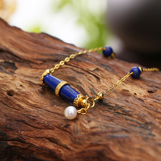 ZenWuxiang Lapis Lazuli Olive Silver Necklace (22x6mm)