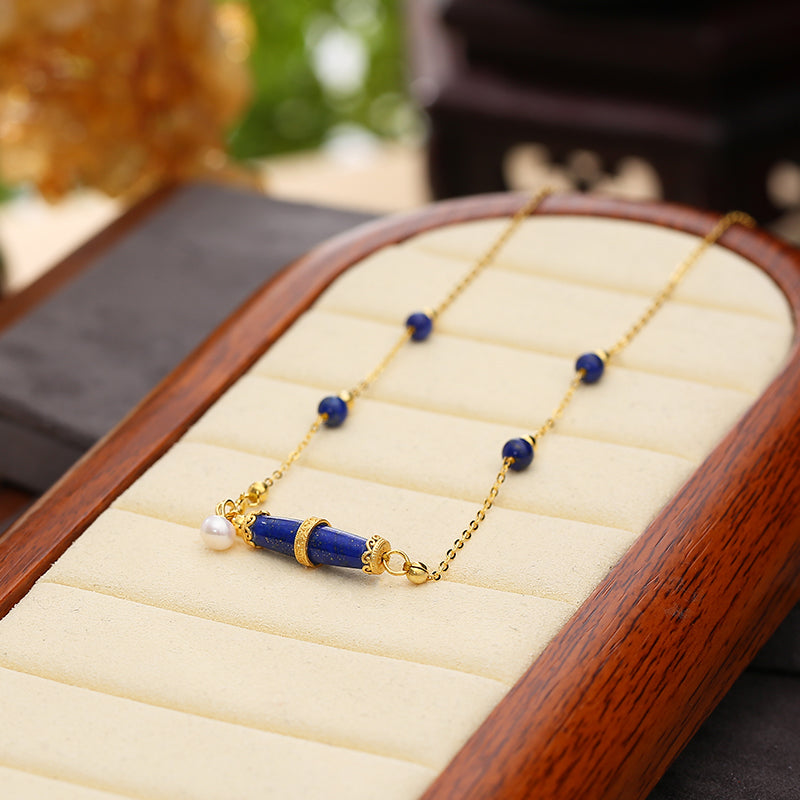 ZenWuxiang Lapis Lazuli Olive Silver Necklace (22x6mm)