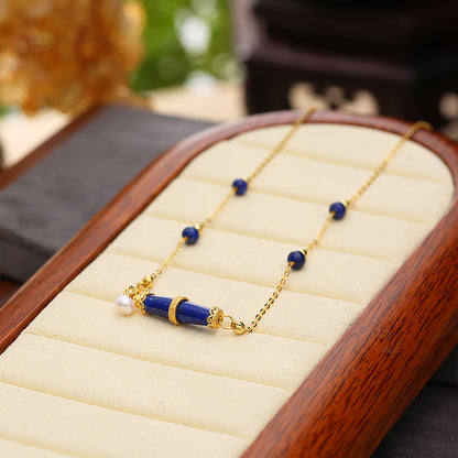 ZenWuxiang Lapis Lazuli Olive Silver Necklace (22x6mm)
