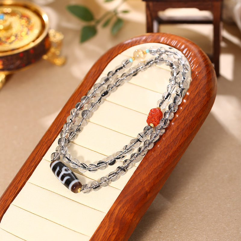 PurePeak Black Rutilated Quartz Dzi Necklace with Silver Details