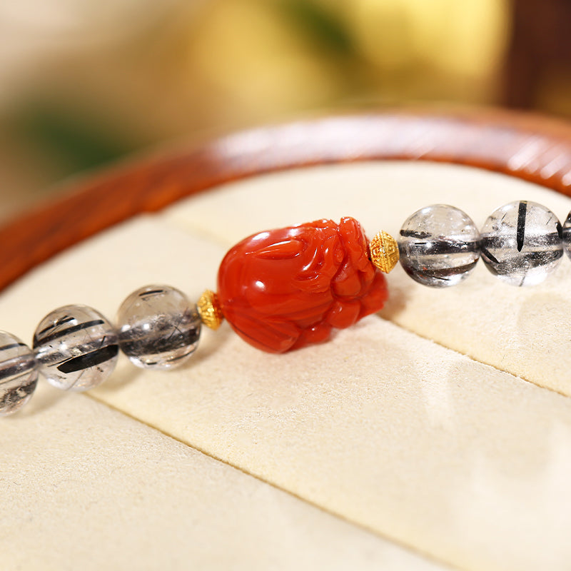 PurePeak Black Rutilated Quartz Dzi Necklace with Silver Details