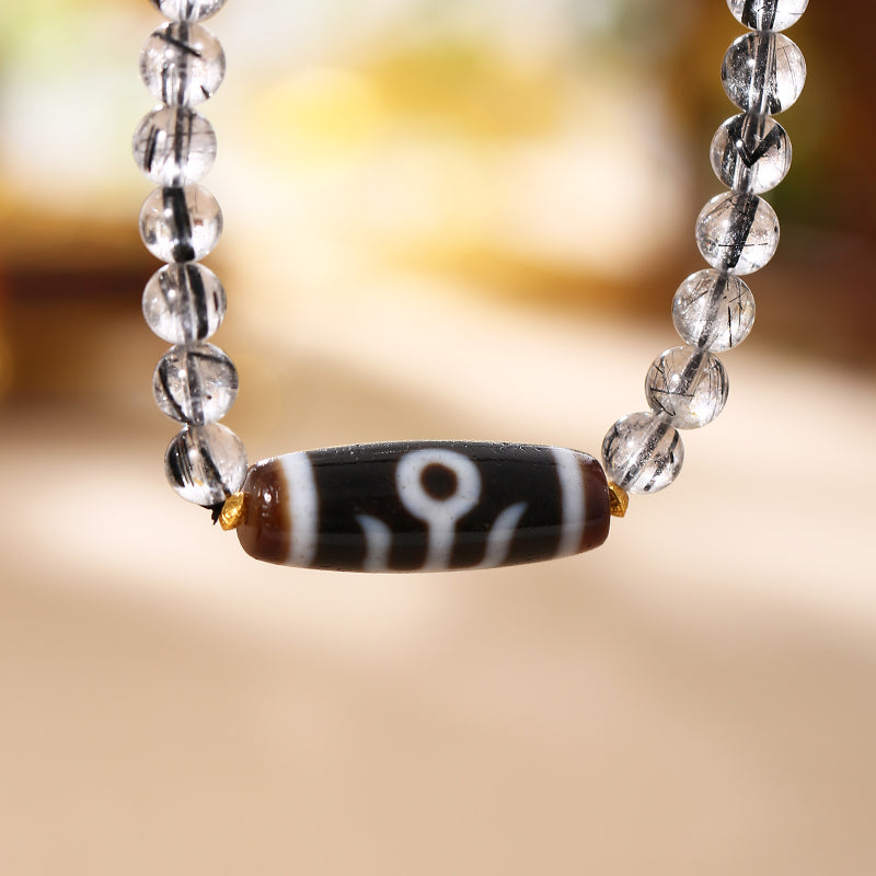 ZenWuxiang Black Rutilated Quartz Dzi Necklace with Silver Details