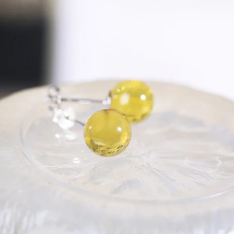 ZenWuxiang Natural Blue Amber Stud Earrings (8mm)