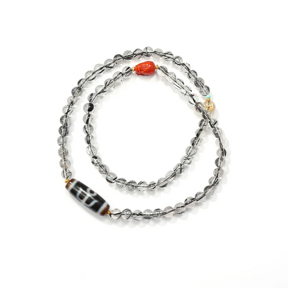 ZenWuxiang Black Rutilated Quartz Dzi Necklace with Silver Details